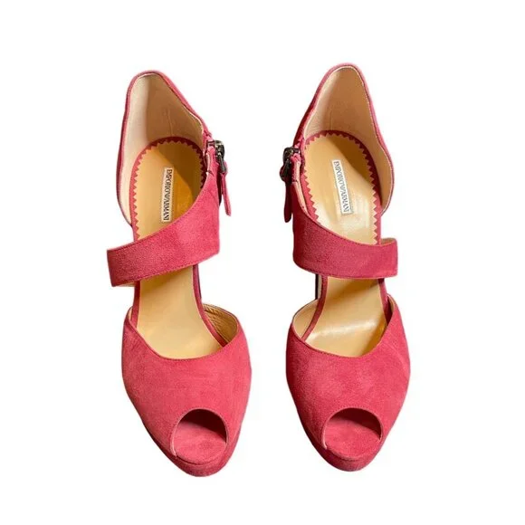 Authentic Emporio Armani Women's Dark Pink Suede Peep Toe High Heel Sz 38 - Picture 3 of 10